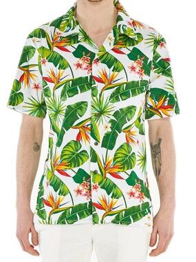 Tropical Leaf & Bird of Paradise Short-Sleeve Button-Down Shirt - Green/White